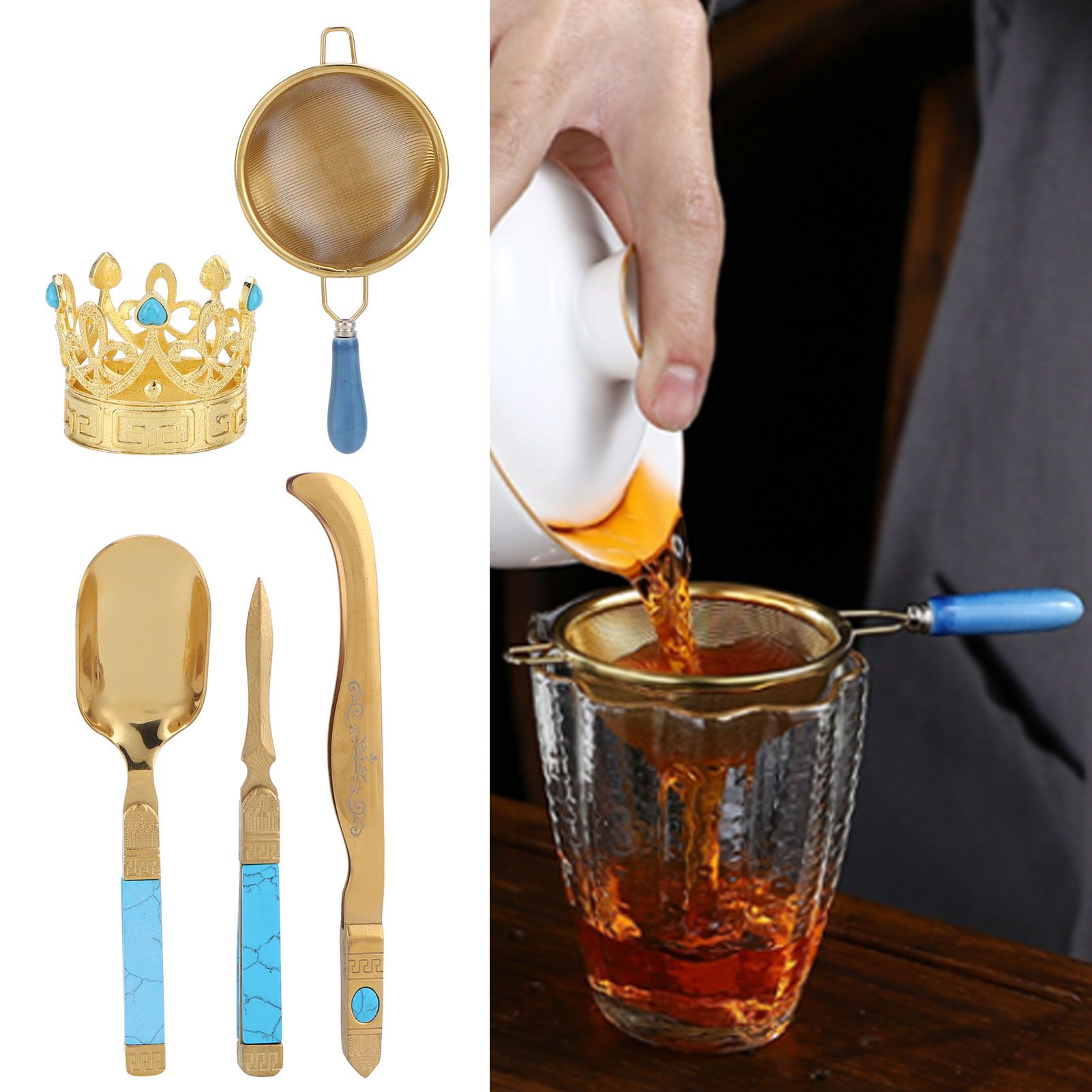 Tea Ceremony Set 304 Stainless Steel Spoon Needle Clip Filter Kit Kung Fu Accessory Gold
