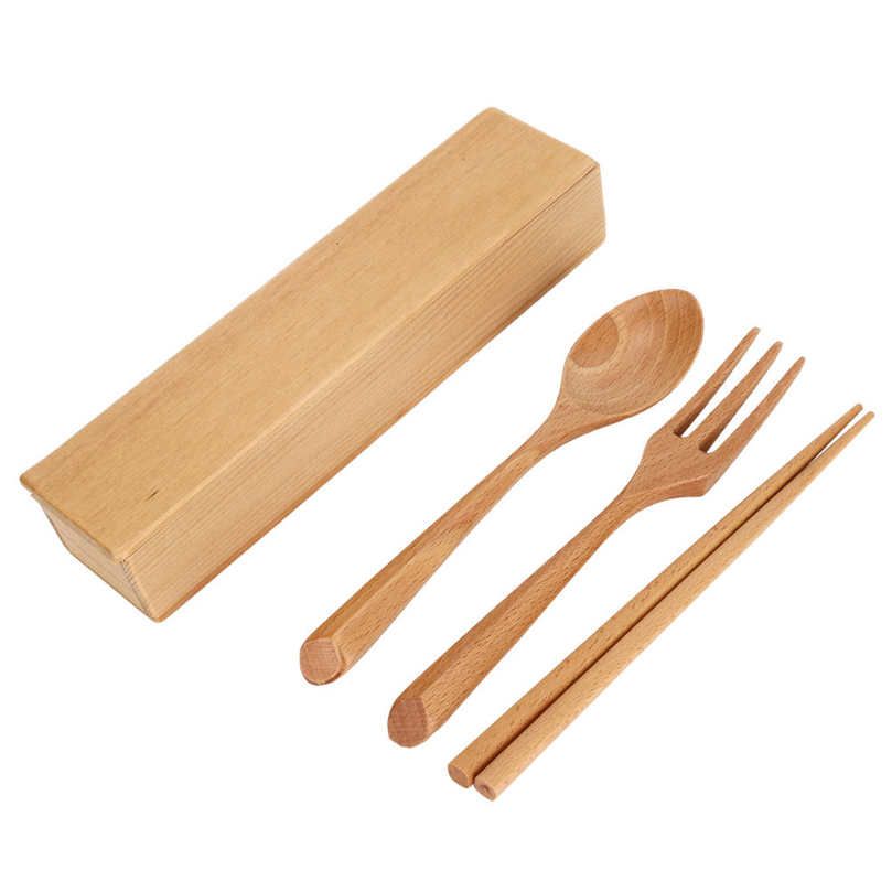 Wooden Tableware Portable Dinnerware Set Reusable Spoon Chopsticks Fork for Travelling Camping