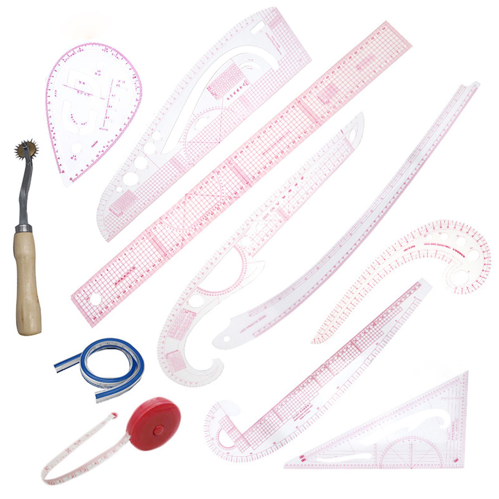 11PCS French Metric Ruler Clothing Fashion Ruler Curve Shaped Grading Rulers Cloth Wheel Ruler Measure Tape Sewing Tools for Sewing Dressmaking Pattern Design DIY Clothing Bendable Drawing Template