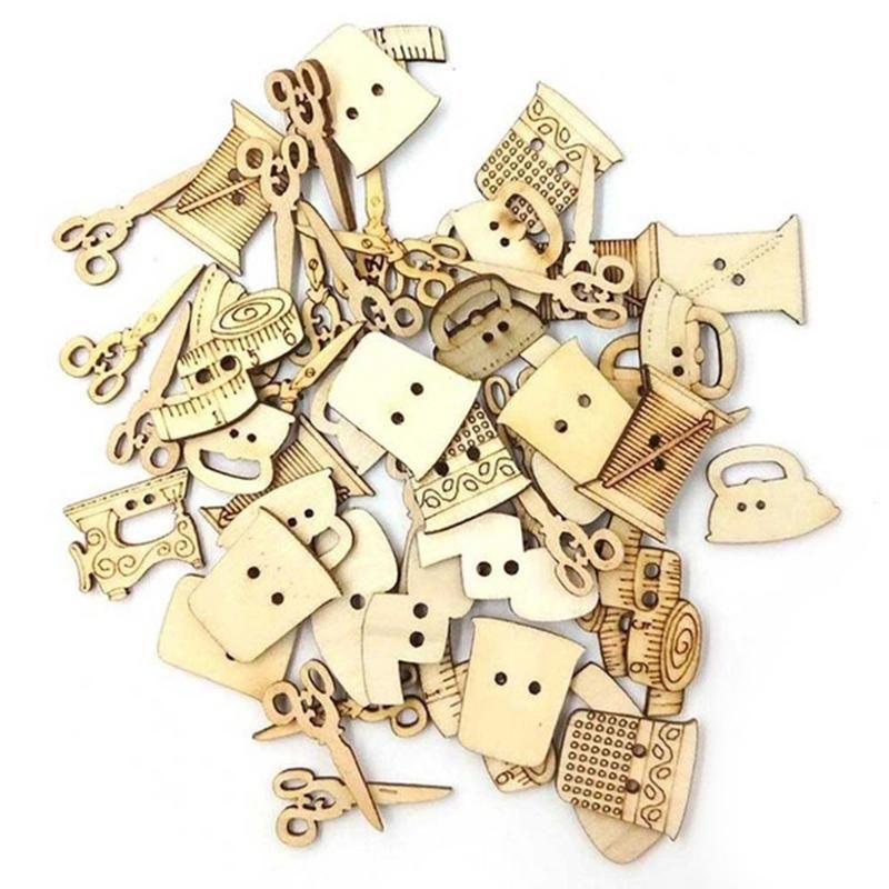100Pcs Sewing Machine Scissors Shaped Wooden Buttons Sewing Button For Children Clothes Decorative Button Scrapbooking Accessory