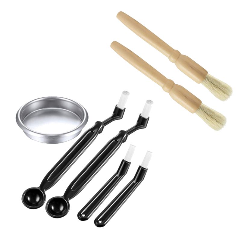 Coffee Machine Brush with Spoon&58mm Stainless Steel Back Flush Insert Metal Blind Filter&Wood Coffee Cleaning Brush