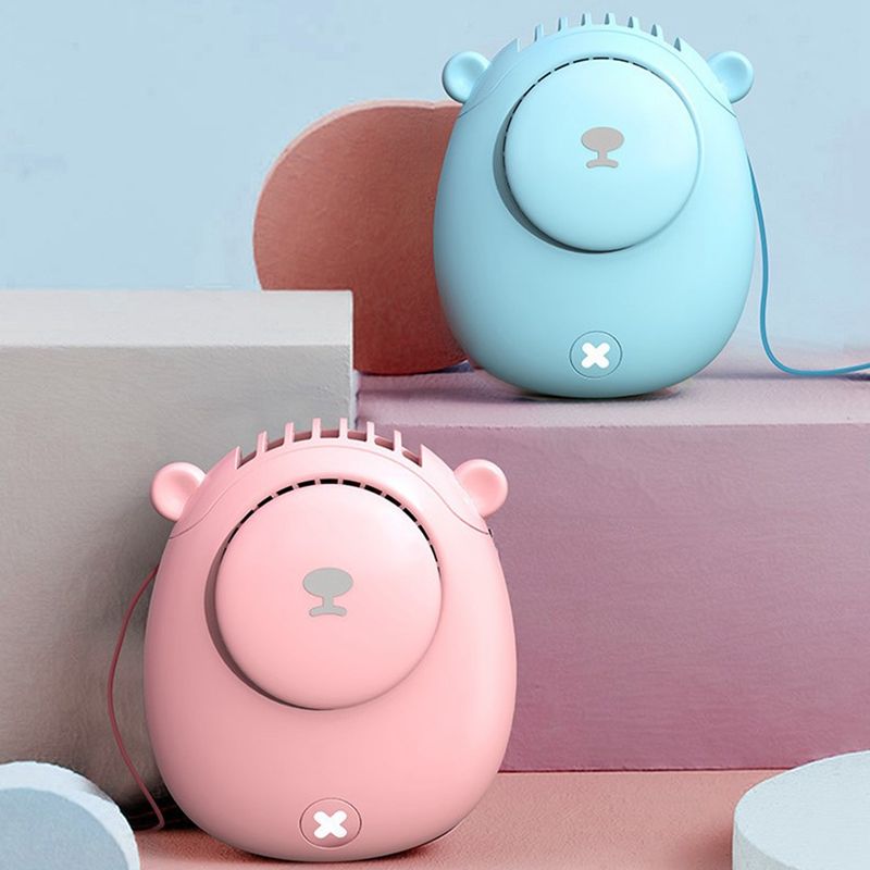 Portable Cute Bear Hanging Fan USB Personal Mini Fan Necklace 3 Speed Mute Air Cooler for Outdoor Office Travel - Pink