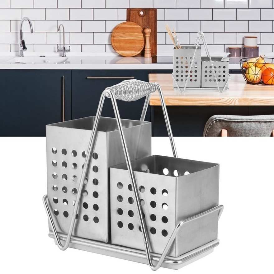 Stainless Steel Chopsticks Holder Tableware Storage Rack Drain Kitchen Box Set