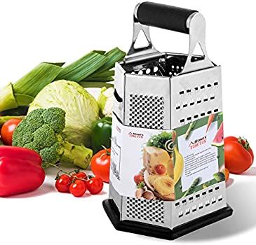 Kitchen Box Grater, Stainless Steel Cheese Grater - 6 Sides Stand Grater with Rubber Handle & Base for Parmesan Cheese, Ginger, Vegetables