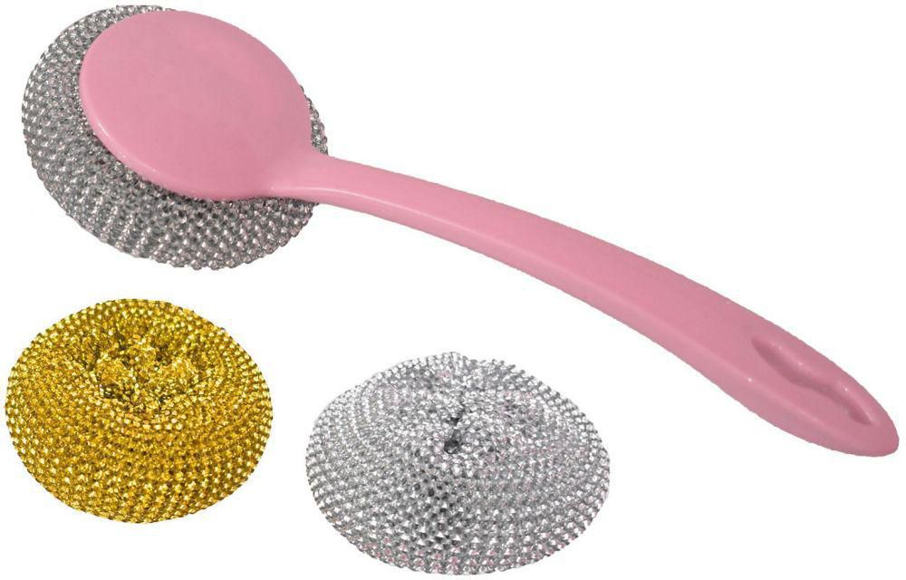 Metallic Scourer With Handle set of 3 Cleaning Brush Wire Scrubbers