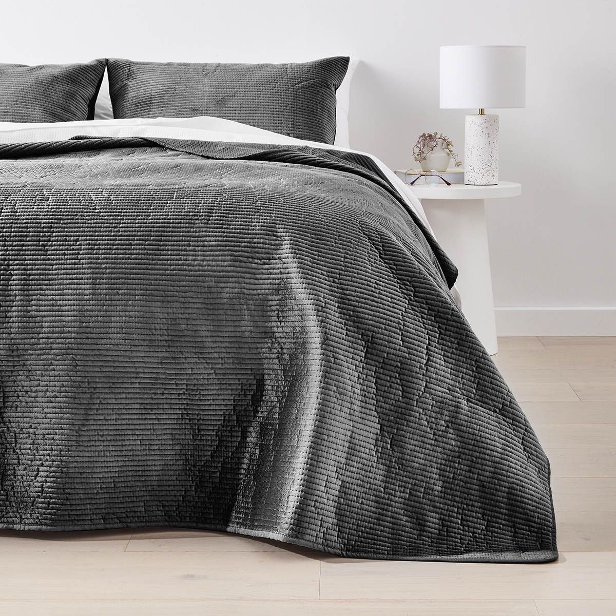Luca Ribbed Velvet Coverlet - Queen/King Bed, Charcoal