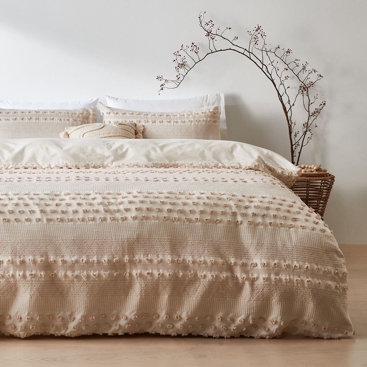 Piper Cotton Quilt Cover Set - Queen Bed, Beige and Pink