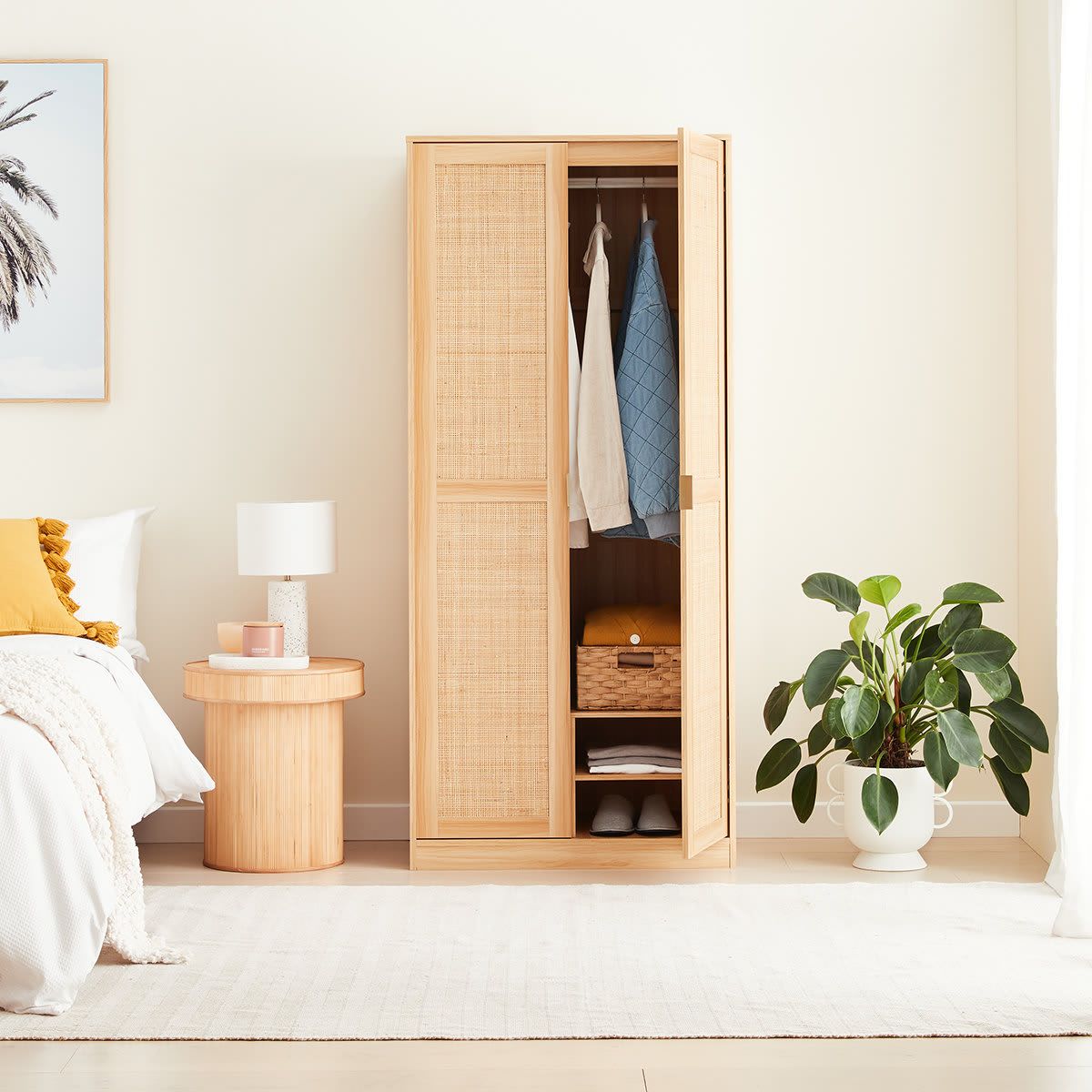 Rattan Wardrobe Double Hanging Storage with Shelf
