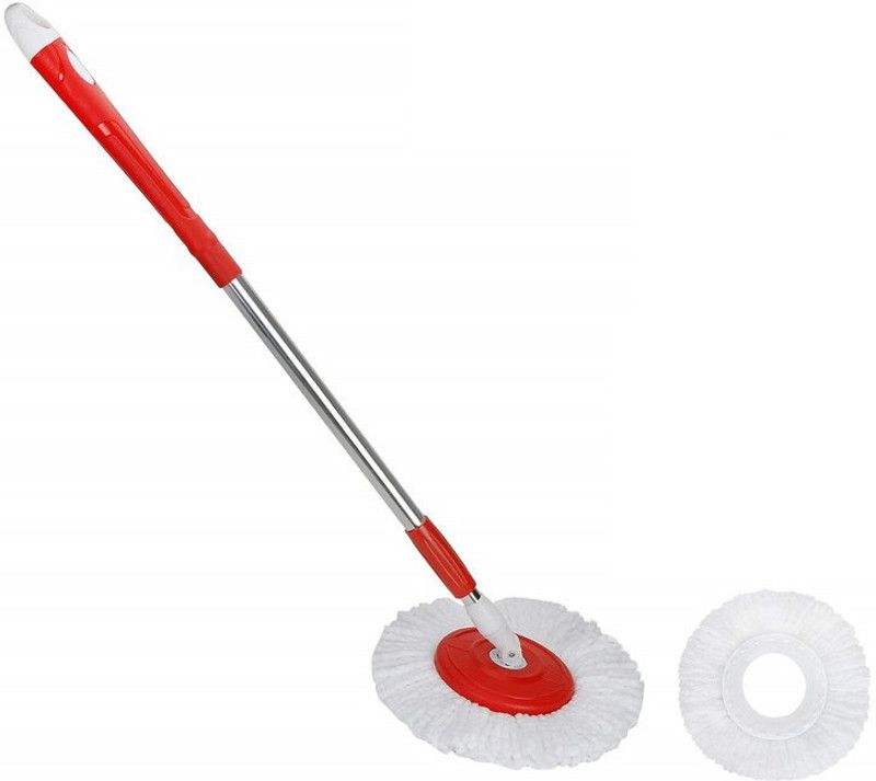TOZO SHINE 360 Degree Expandable One Stainless Steel Spin Mop Rod Stick with 2 Reffil|Red Mop Head and Rod  (Red)