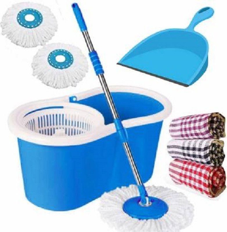 FUTUREZONE Classic Magic Dry Bucket Mop - 360 Degree Self Spin Wringing with 2 Super Absorbers + 1 DUST PAN + 3 KITCHEN CLOTH Mop Set