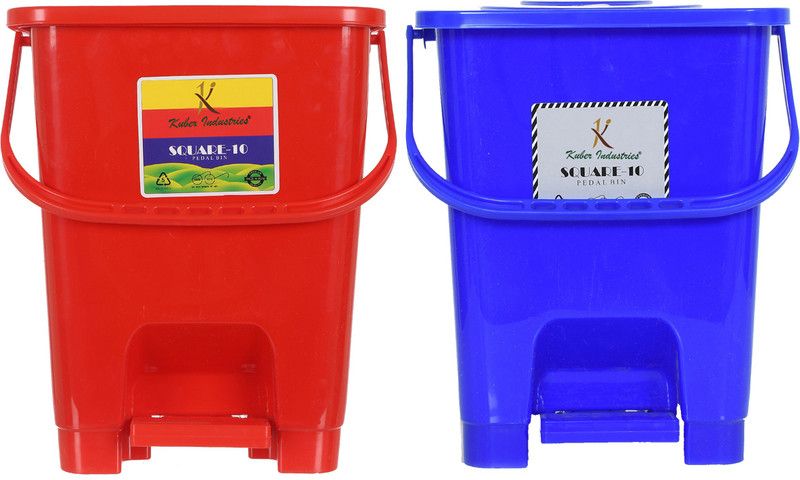 KUBER INDUSTRIES Square Premium Plastic Pedal Dustbin with Lid for Home/Kitchen/Office 10 Ltr (Red & Blue)-Pack of 2 Plastic Dustbin  (Red, Blue, Pack of 2)