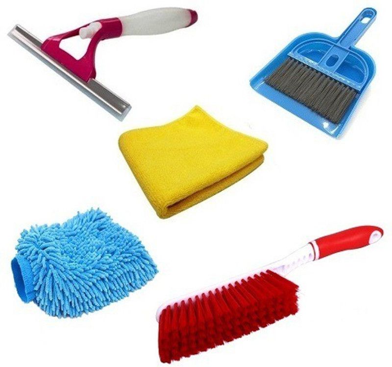 Uniqon Combo Of Mini Dustapn With Broom Set,Microfiber Cleaning Cloth & Glove,Carpet Cleaning Brush And Glass Cleaner Spray Wiper Dustpan