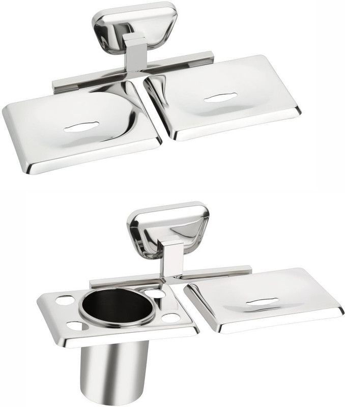 Easyhome Furnish 2 Pieces Bathroom Accessories(1-Double Soap Dish,1-Soap Dish with Tumbler Holder)-Briza Series  (Glossy Silver)
