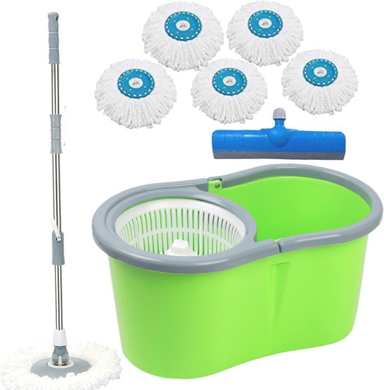 V-MOP Premium Green Classic Magic Dry Bucket Mop - 360 Degree Self Spin Wringing with 5 Refills + FREE 1 Floor Wiper (( 6 Months Warranty on Rod Set )) Mop Set, Mop, Cleaning Wipe, Bucket, Dustbin, Mop Wet & Dry Mop  (Multicolor)
