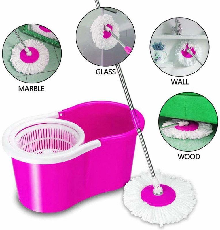 Smtkart Bucket Spin Magic Mop With Microfiber Refills [Pink, with 5 Additional Refill] Mop Set  (Pink)