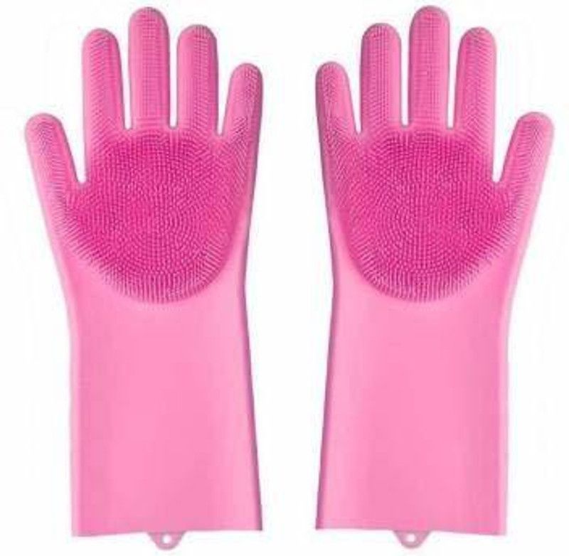 TruClick Reusable Silicone Cleaning Brush Scrubber Gloves (Multicolor) Wet and Dry Glove Set  (Free Size Pack of 2)
