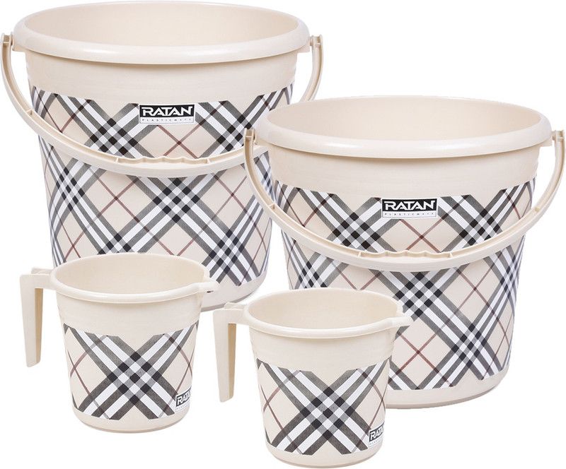 RATAN Frosty Checks Print Beige Bathroom Set Pack of 4 (Bucket x 2, Mug x 2) 18 L Plastic Bucket  (Beige)