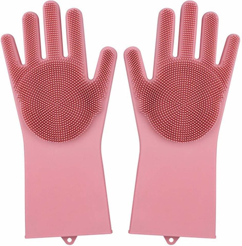 ECSTASY Silicone Kitchen Magic Gloves for Dish Washing Rubber Dish Washing with Brush Cleaning Scrubber Wet and Dry Glove  (Free Size)