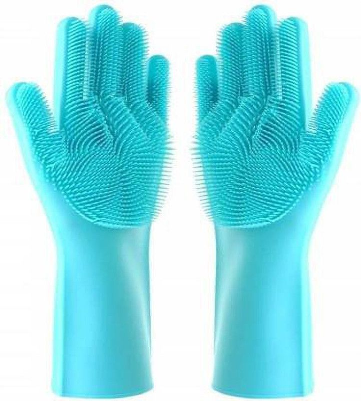 Surat Dream Reusable Rubber Silicon Household Safety Wash Scrubber Heat Resistant Kitchen Gloves for Dish washing, Cleaning, Gardening Wet and Dry Glove hand gloves for kitchen Wet and Dry Glove Set  (Free Size Pack of 2)