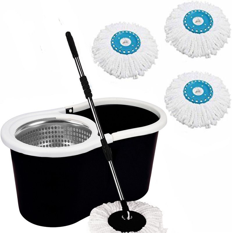 V-MOP Black Steel Bucket Spin Mop with 3 Super Microfiber Refill - Classic Magic Floor Cleaning Mop for Home & office Mop Set, Duster, Mop, Cleaning Wipe, Bucket, Floor Wiper, Cleaning Brush, Broom, Toilet Brush, Mop Refill, Kitchen Wiper