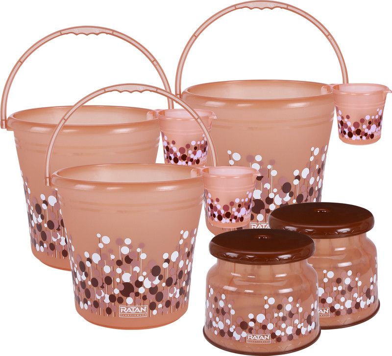 RATAN Frosty Bubble Print Pack of 8 Bathroom Set (Bucket x 3, Mug x 3, Stool x 2) 18 L Plastic Bucket  (Brown)