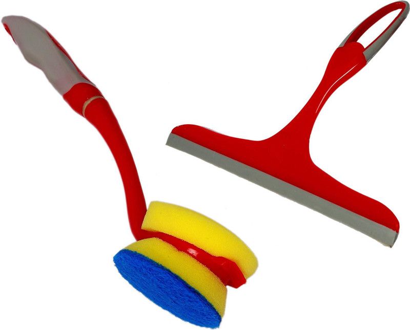 Target20 Combo of Premium Quality Plastic Glass Wiper & Sponge Scrub with Long Handle for Dish and Sink Cleaning| Kitchen Platform | Combo of 2 | Red and Grey Wipes  (Red, Grey)