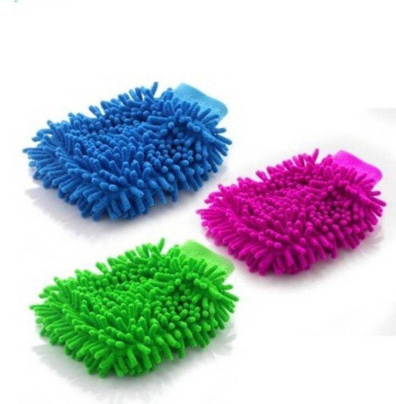 DEHATI STORE 3 pcs.Multi color Microfiber Multipurpose Cleaning Glove  Wet and Dry Glove Set  (Free Size Pack of 3)
