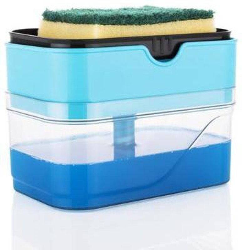 Nirja sk Plastic Liquid Soap Press-Type Pump Dispenser with Sponge Holder for Kitchen Sink Dishwasher 400 ml Liquid Dispenser  (Blue)
