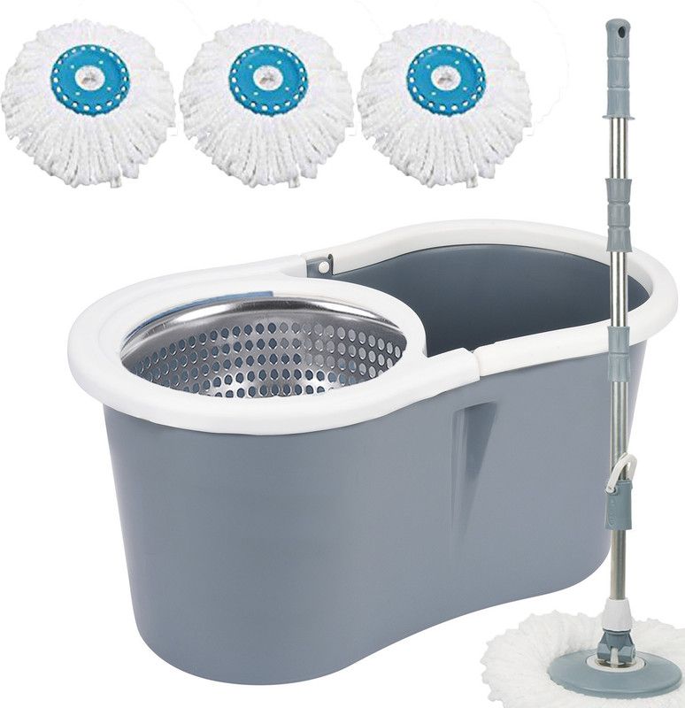 V-MOP Grey Steel Magic Dry Bucket Mop - 360 Degree Self Spin Wringing With 3 Super Absorbers for Home & Office Floor Mop Set