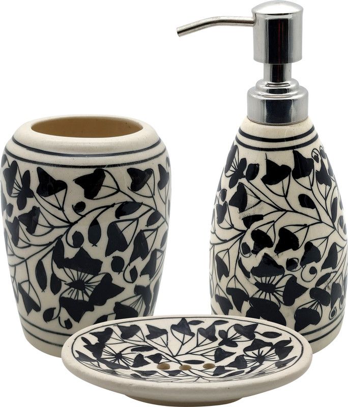 FARKRAFT Handmade Ceramic Bathroom Accessories Set-Soap Dish, Liquid Dispenser, Toothbrush Holder Set, Best for Gifting, Made in India - Black Ceramic Bathroom Set  (Pack of 3)
