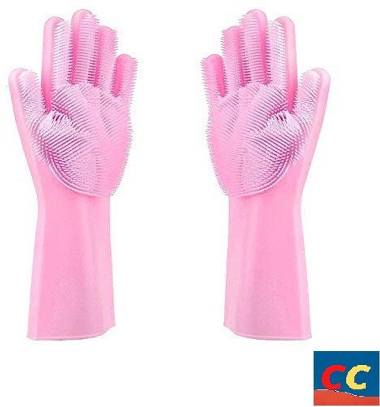 CrowdClicks ® Silicone Cleaning Hand Gloves for Kitchen Dishwashing Wet and Dry Disposable Glove  (Large)