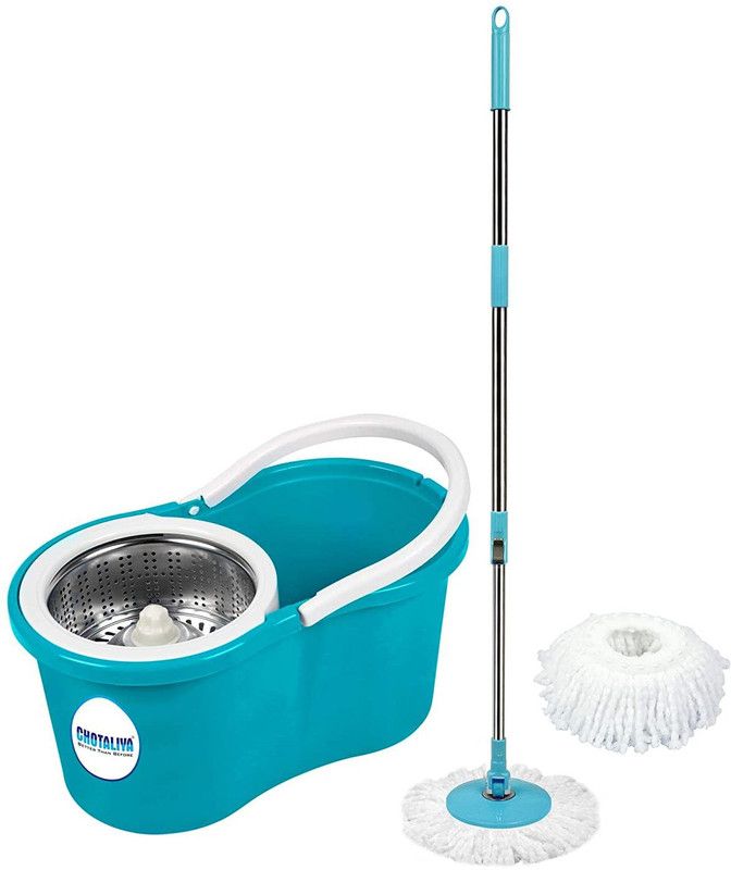 CHOTALIYA S-08 Steel Spin Cleaning Bucket Mop with 2 Refills Sky Blue Mop Set