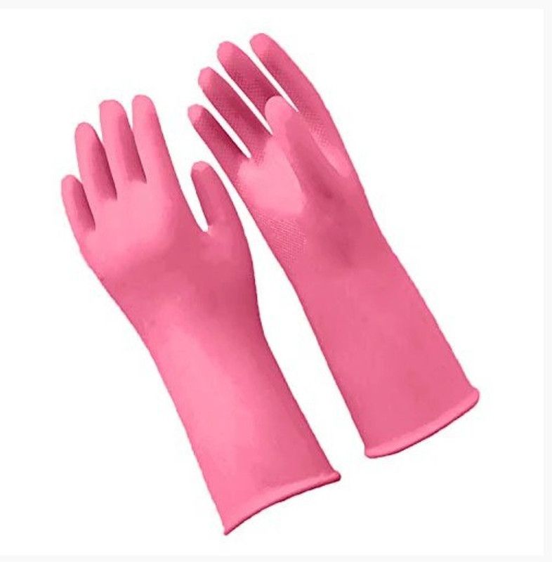 StarSaif Cleaning Gloves Reusable Rubber Hand Gloves 1pair Pink, Stretchable Gloves for Washing Cleaning Kitchen Garden (1, Pink) Wet and Dry Disposable Glove  (Large)