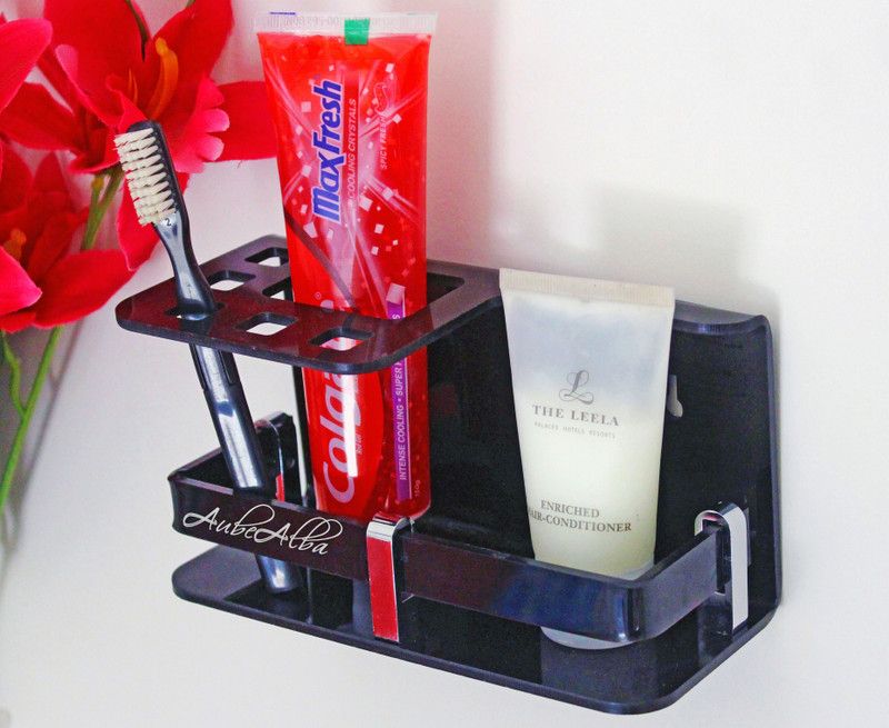 AubeAlba Acrylic Tooth Brush Holder / Toothpaste Stand / Tumbler for Bathroom Accessories for Home, Easy Stick On Self Adhesive Wall Mount Acrylic Toothbrush Holder  (Black, Wall Mount)