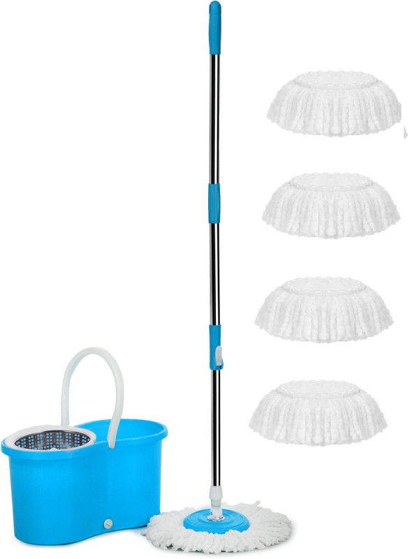 0 dirty 360 degree Spin Mop Buclet with Wheels and Water Outlet with 4 Microfiber Refills | Steel Spinner | Blue | 42" Length Handle Tub