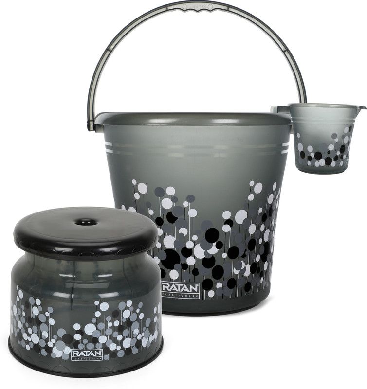 RATAN Frosty Bubble Print Pack of 3 Bathroom Set (Bucket x 1, Mug x 1, Stool x 1) 18 L Plastic Bucket  (Grey)