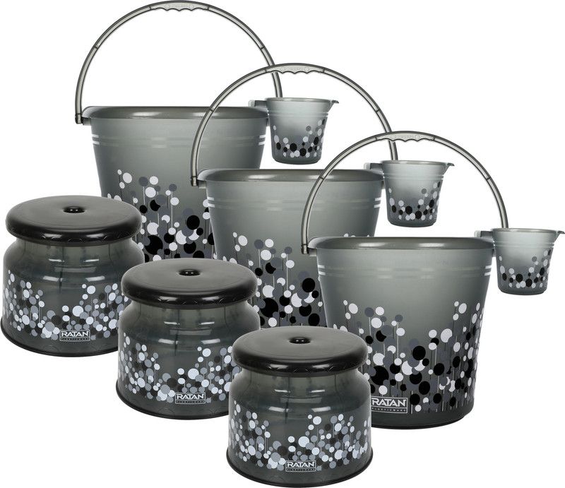 RATAN Frosty Bubble Print Grey Pack of 9 Bathroom Set (Bucket x 3, Mug x 3, Stool x 3) 16 L Plastic Bucket  (Grey)