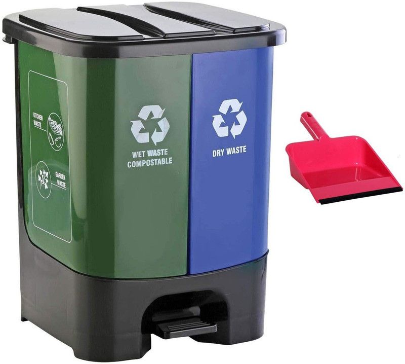 N H Enterprise New Twin Bin Dry & Wet 2 in 1 Waste Dustbin (30 Ltrs) & With Unbreakable Dustpan ( Pink ) Plastic Dustbin  (Green, Blue, Pink, Pack of 2)