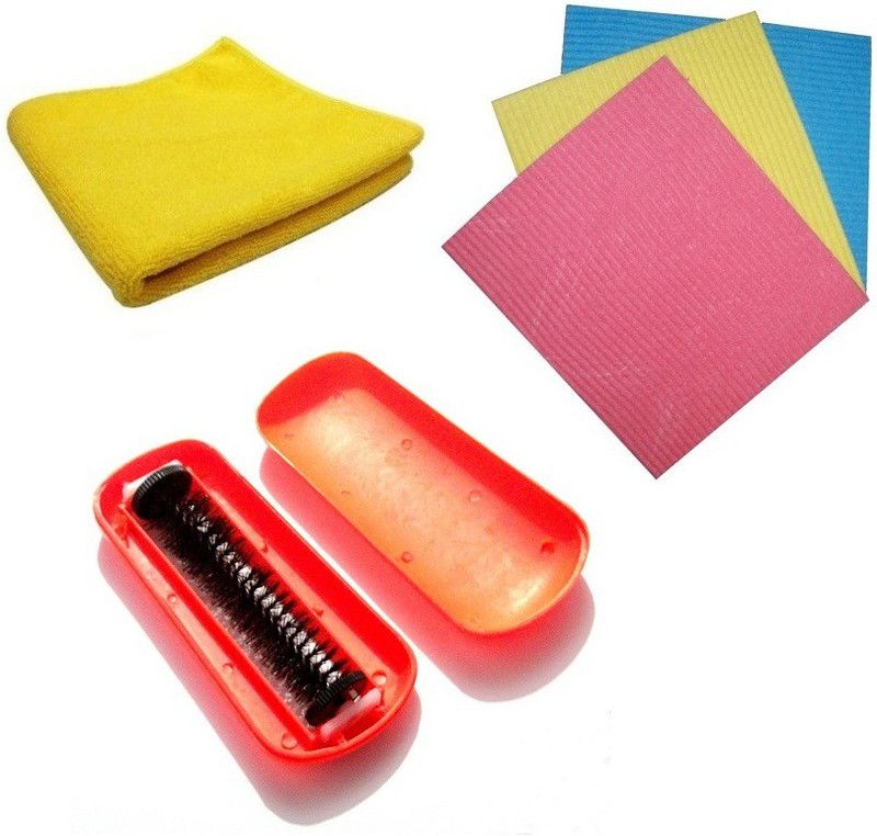 De-Ultimate Combo Of Multicolor Cleaning Cloth , Carpet Cleaning Magic Roller Brush And Kitchen Cleaning Wipes Cleaning Brush, Cleaning Cloth