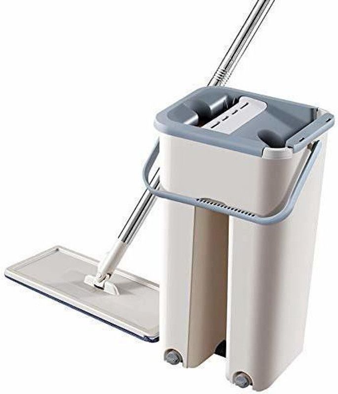 OFOY Mop with Bucket Hands-Free Microfiber Flat Spin Mop System 360° Flexible Head (38X12.5 cm) Mop with 2 Microfiber Pads, Stainless Steel Handle Mop Set