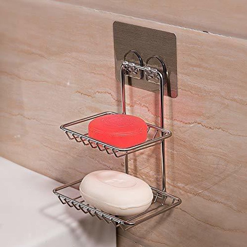 Amulakh Soap Rack Double Stainless Steel soap Tray Storage Rack, Collocation Mesh Bath Sponge, Suitable for Shower, Bathroom, Kitchen, Bath Tub, Sponge Scrubber, Soap Dish Holder  (Silver)