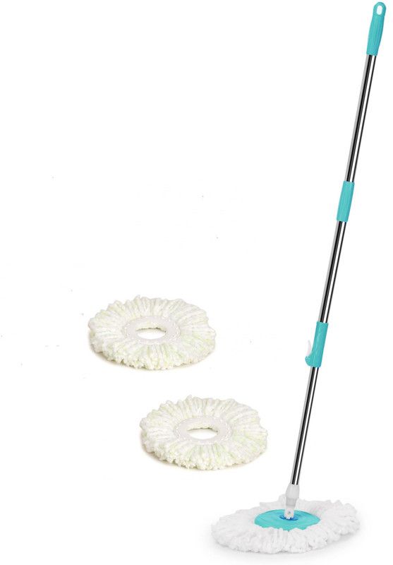 TWONE Spin Mop Stick Expandable Stainless Steel Stick Rod with 3 Refill (Aqua Green) Mop Head and Rod  (Clear)
