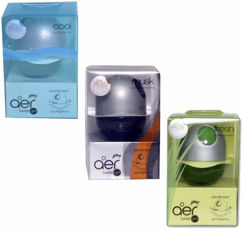 Godrej Aer Twist Cool Surf Blue, Fresh Lush Green & Musk After Smoke Car Perfumes Gel  (3 x 45 g)