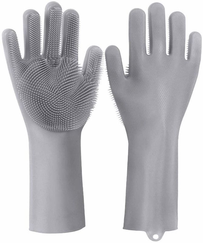 HUKBO Silicone Dish Washing Hand Gloves for Cleaning, Kitchen, Car, Bathroom and Pet Grooming - 1 Pair Wet and Dry Glove  (Free Size)