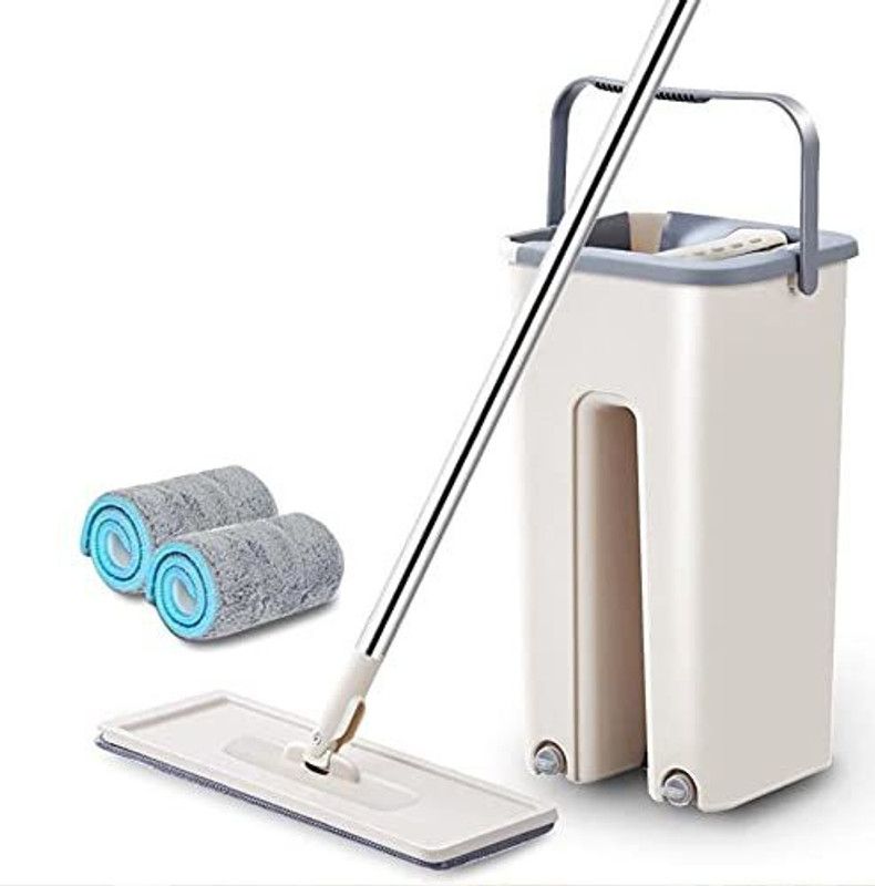 KASTHAR Magic smart Flat Bucket Mop with 2 Refills and 1 Liquid Dispenser with Hand Free Self Rinsing Cleaning Wipe Mop Plastic ABS Flat Mop Set Flat Mop Mop Set