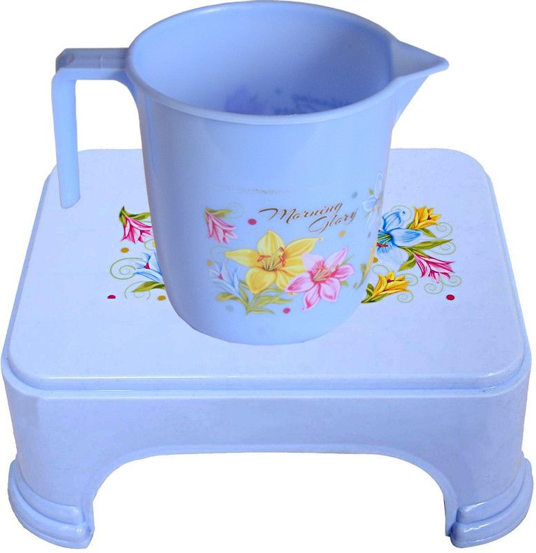 KUBER INDUSTRIES Printed 2 Pieces Unbreakable Virgin Plastic Multipurpose Bathroom Stool & Mug Set (Blue) 1 L Plastic Bucket