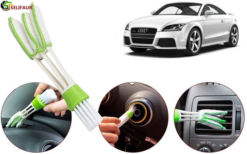 Selifaur T5D18 Multipurpose Microfiber Double Sided Car AC Window Cleaning Brush TT Microfibre, Plastic Wet and Dry Brush  (White, Green)
