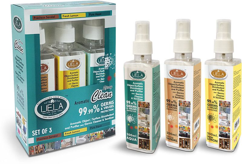 LIELA Aromatic Object & Surface disinfectant cum Germs cleaner spray bottle set of 3 in premium fragrance pure aqua, fresh lemon and sandal 200 ml each total 600 ml  (600 ml)
