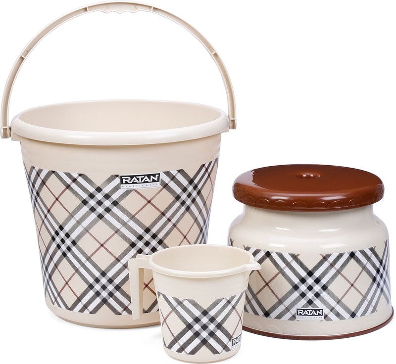 RATAN Frosty Checks Print Beige Pack of 3 Bathroom Set (Bucket x 1,Mug x 1, Stool x 1) 16 L Plastic Bucket  (Beige)