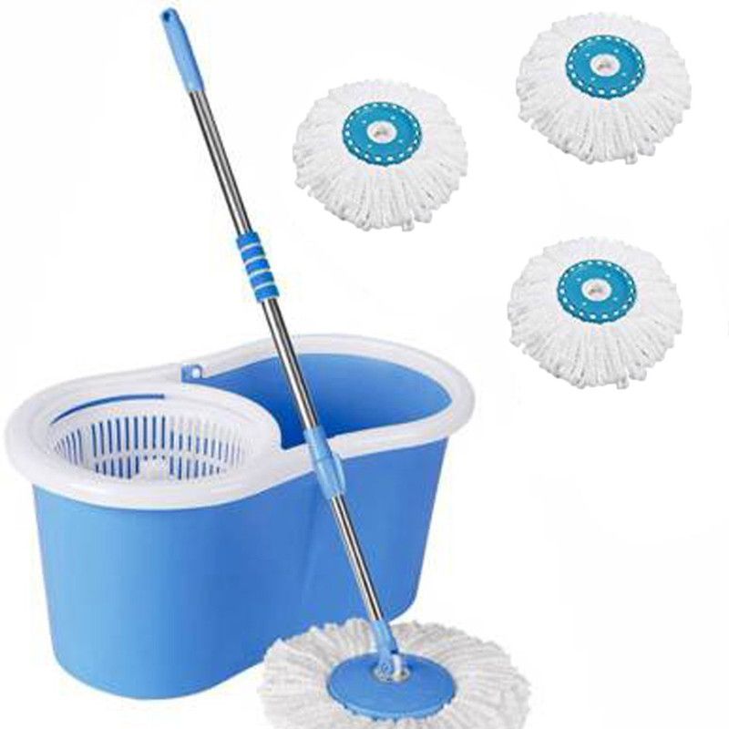 V-MOP Classic Spin Magic Bucket Mop with 3 Microfiber Refills Wet & Dry Mop  (White, Blue)